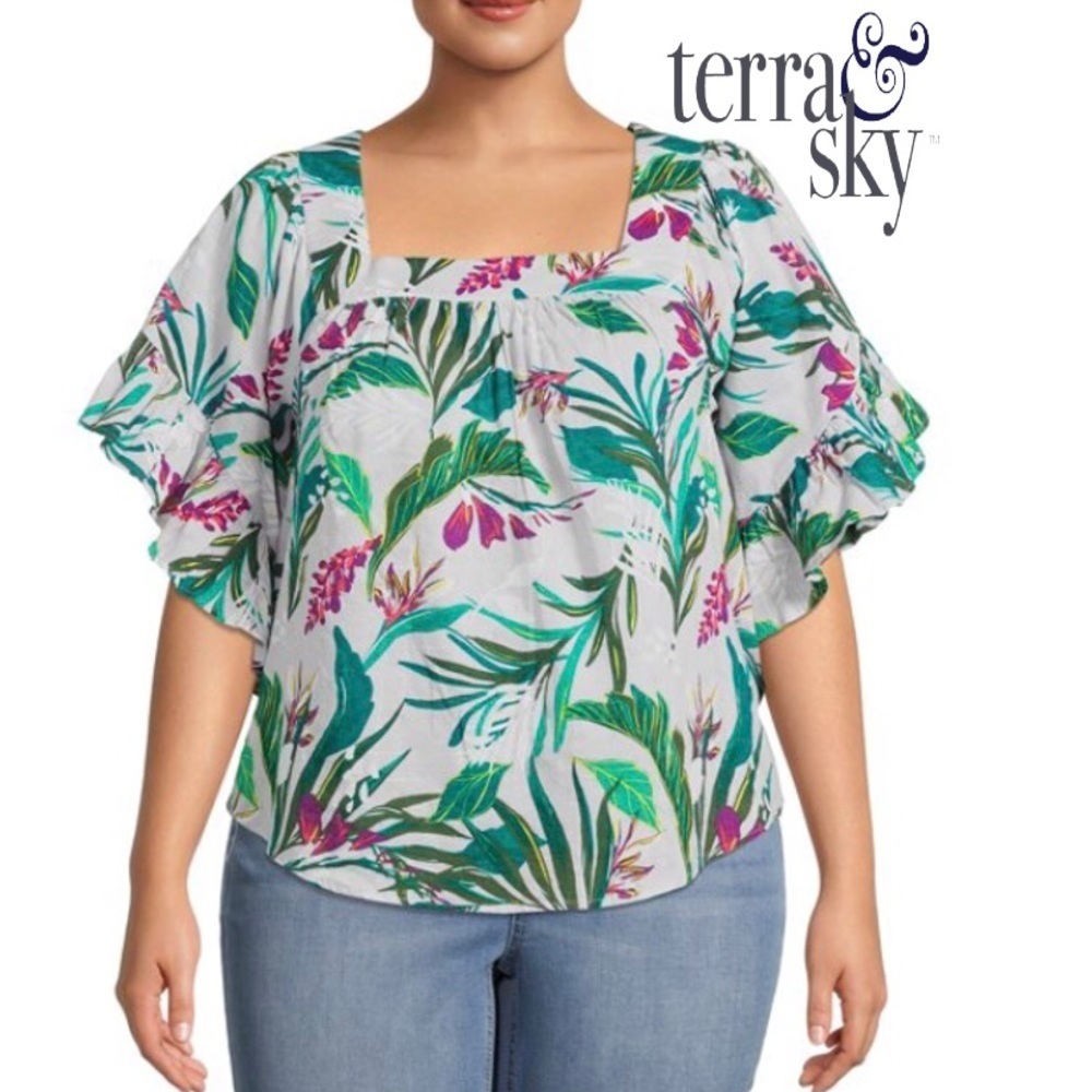 Terra & Sky Women's Plus Size Tropical Square Neck Peasant Top Size 4X